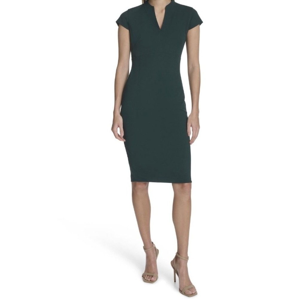 Andrew Marc Dark Green Cap Sleeve Sheath Dress Knee Length Career Cocktail